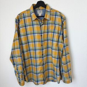 LL Bean Flannel Shirt Mens Yellow Plaid Traditional Fit Button Down Flip Cuff, M